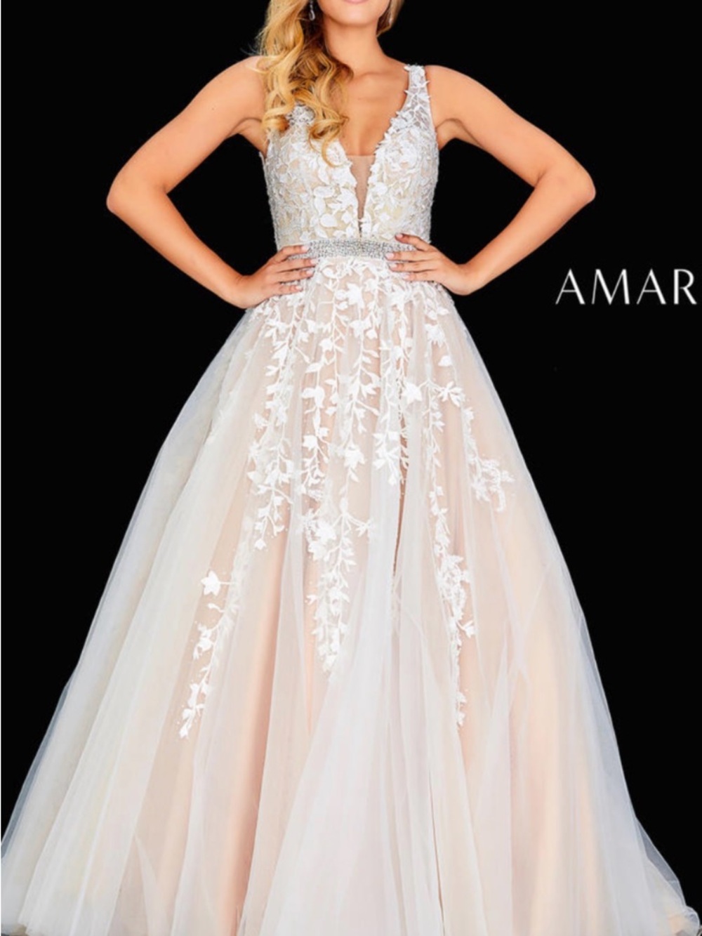 Amarra Blush Pink Illusion Lace Prom Dress